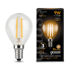 Gauss 105801109 Лампа Gauss Filament Шар 9W 680lm 2700К Е14 LED